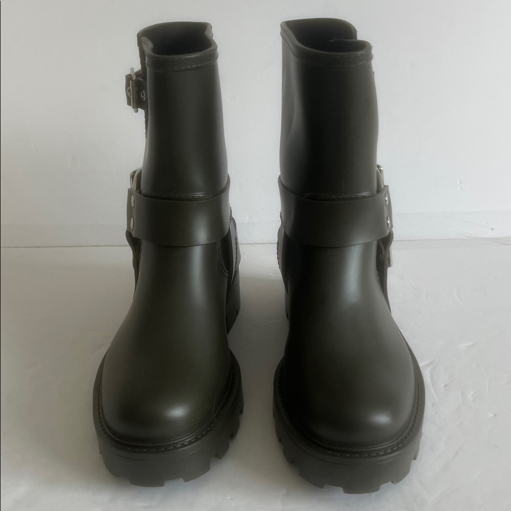 JEFFREY CAMPBELL Controller Green Matte Silver Buckle Moto Rain Boots Size 6 NEW - Picture 10 of 12